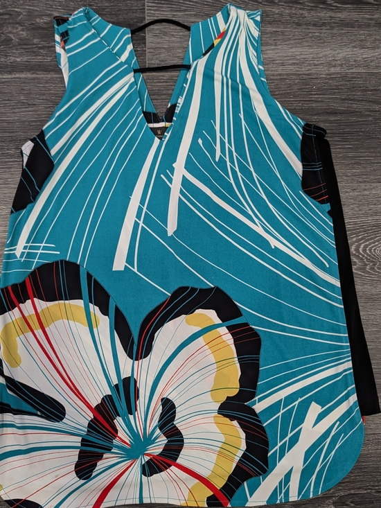 Worthington Tops - Worthington Teal and White Striped V-Neck Tank with Floral Accent